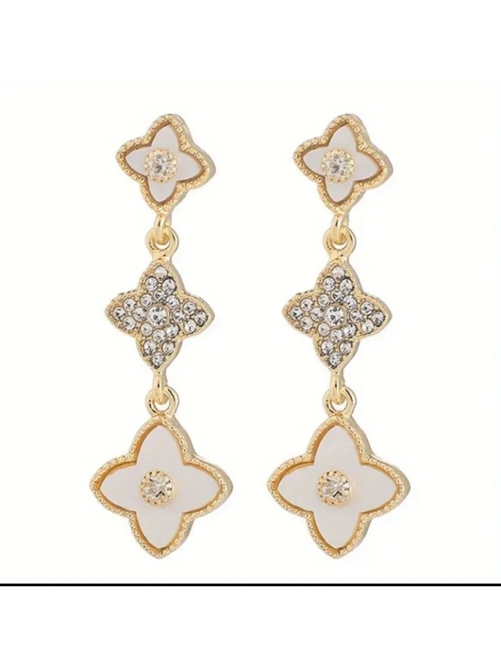 Goldtone and White Clover Drop Earrings